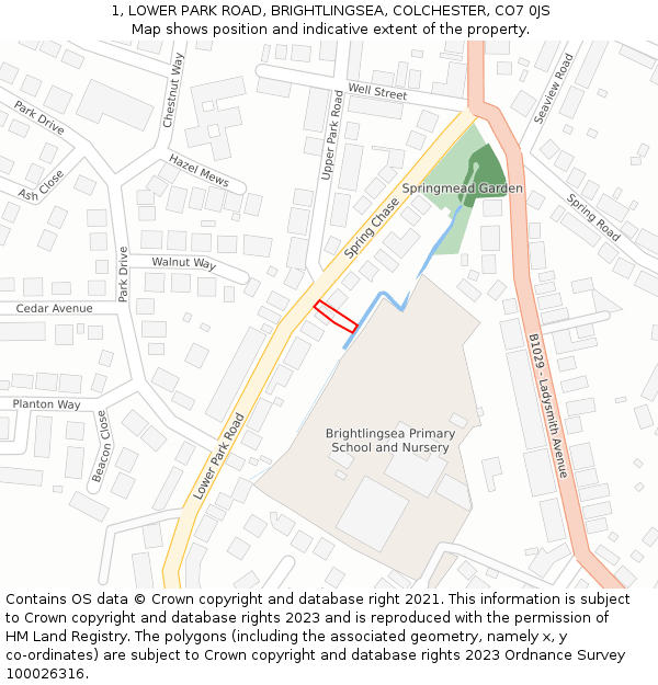 1, LOWER PARK ROAD, BRIGHTLINGSEA, COLCHESTER, CO7 0JS: Location map and indicative extent of plot