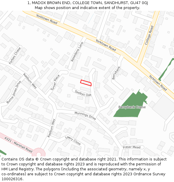 1, MADOX BROWN END, COLLEGE TOWN, SANDHURST, GU47 0GJ: Location map and indicative extent of plot