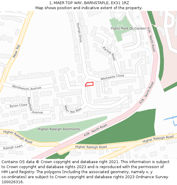 1, MAER TOP WAY, BARNSTAPLE, EX31 1RZ: Location map and indicative extent of plot