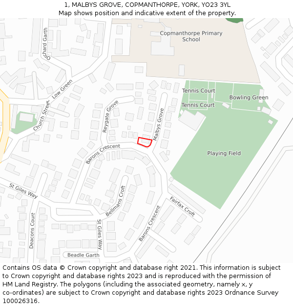 1, MALBYS GROVE, COPMANTHORPE, YORK, YO23 3YL: Location map and indicative extent of plot
