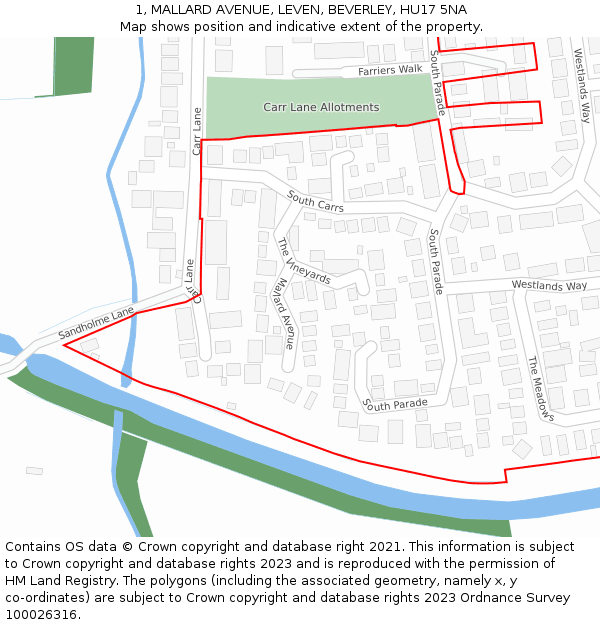 1, MALLARD AVENUE, LEVEN, BEVERLEY, HU17 5NA: Location map and indicative extent of plot