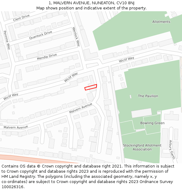 1, MALVERN AVENUE, NUNEATON, CV10 8NJ: Location map and indicative extent of plot