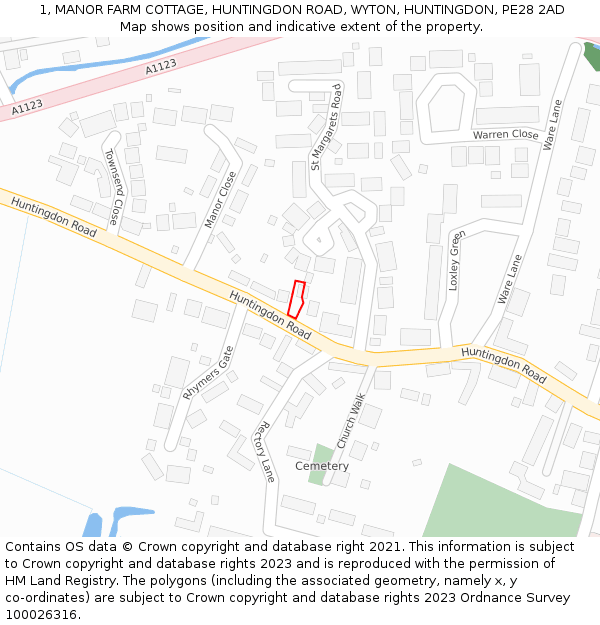 1, MANOR FARM COTTAGE, HUNTINGDON ROAD, WYTON, HUNTINGDON, PE28 2AD: Location map and indicative extent of plot