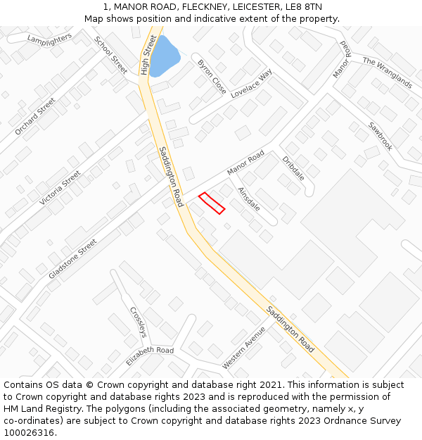 1, MANOR ROAD, FLECKNEY, LEICESTER, LE8 8TN: Location map and indicative extent of plot