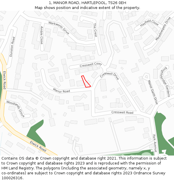 1, MANOR ROAD, HARTLEPOOL, TS26 0EH: Location map and indicative extent of plot