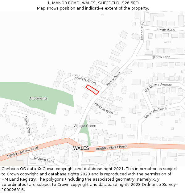 1, MANOR ROAD, WALES, SHEFFIELD, S26 5PD: Location map and indicative extent of plot