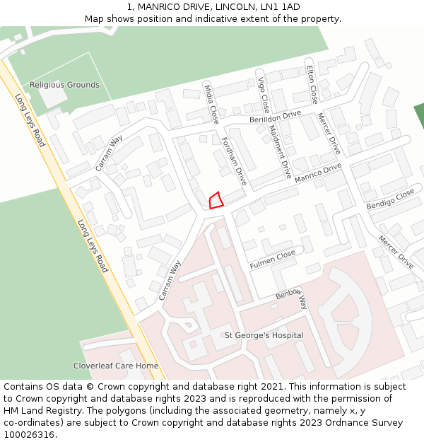 1, MANRICO DRIVE, LINCOLN, LN1 1AD: Location map and indicative extent of plot