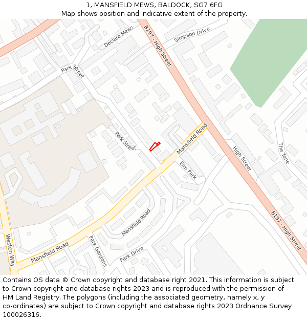1, MANSFIELD MEWS, BALDOCK, SG7 6FG: Location map and indicative extent of plot