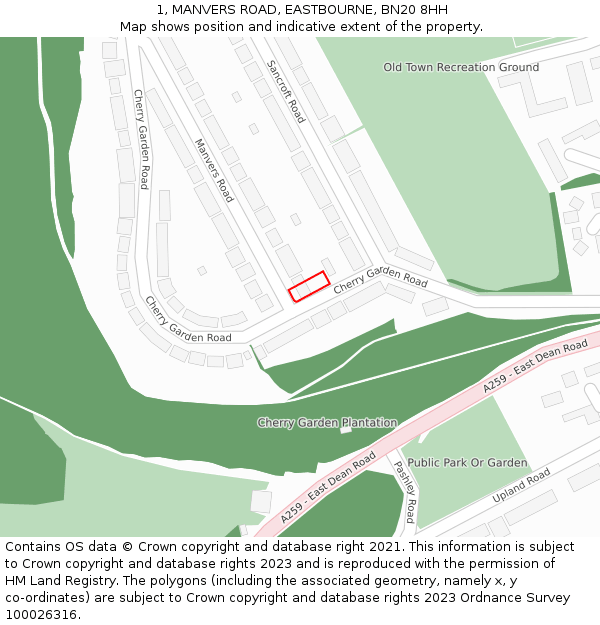 1, MANVERS ROAD, EASTBOURNE, BN20 8HH: Location map and indicative extent of plot
