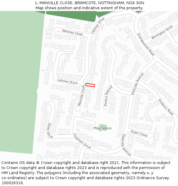 1, MANVILLE CLOSE, BRAMCOTE, NOTTINGHAM, NG9 3GN: Location map and indicative extent of plot