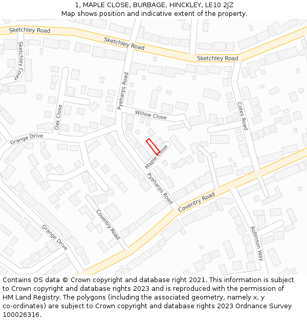 1, MAPLE CLOSE, BURBAGE, HINCKLEY, LE10 2JZ: Location map and indicative extent of plot
