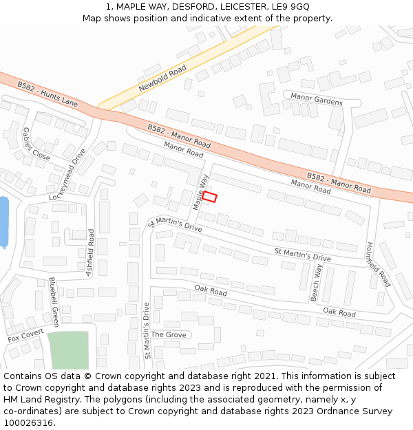 1, MAPLE WAY, DESFORD, LEICESTER, LE9 9GQ: Location map and indicative extent of plot