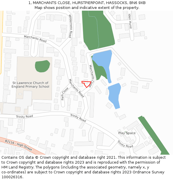 1, MARCHANTS CLOSE, HURSTPIERPOINT, HASSOCKS, BN6 9XB: Location map and indicative extent of plot