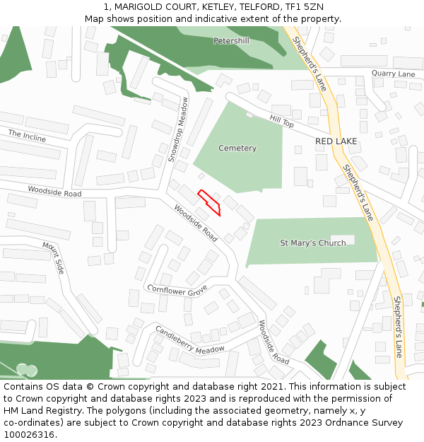 1, MARIGOLD COURT, KETLEY, TELFORD, TF1 5ZN: Location map and indicative extent of plot