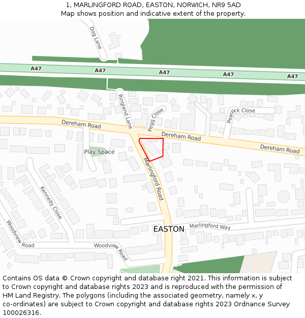 1, MARLINGFORD ROAD, EASTON, NORWICH, NR9 5AD: Location map and indicative extent of plot
