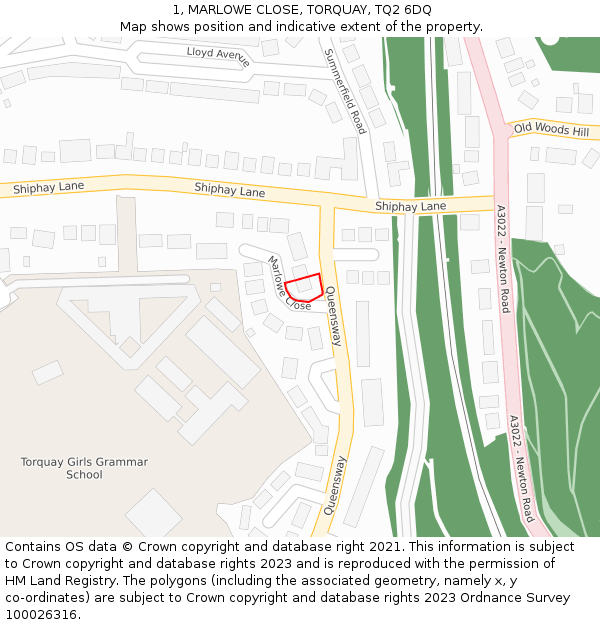 1, MARLOWE CLOSE, TORQUAY, TQ2 6DQ: Location map and indicative extent of plot