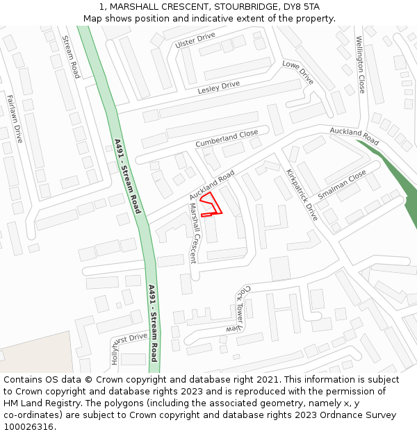 1, MARSHALL CRESCENT, STOURBRIDGE, DY8 5TA: Location map and indicative extent of plot