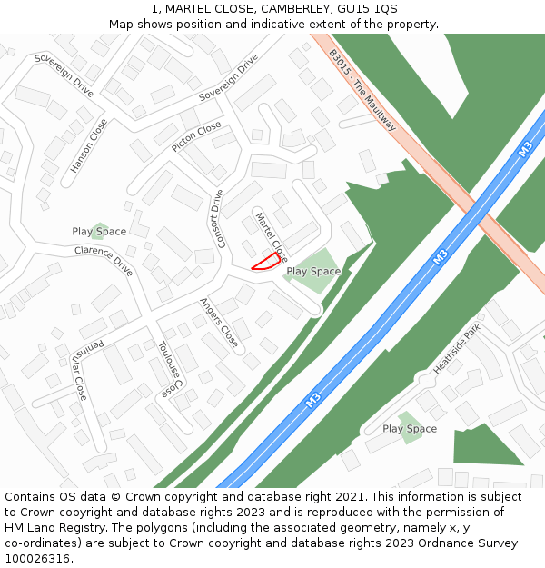 1, MARTEL CLOSE, CAMBERLEY, GU15 1QS: Location map and indicative extent of plot