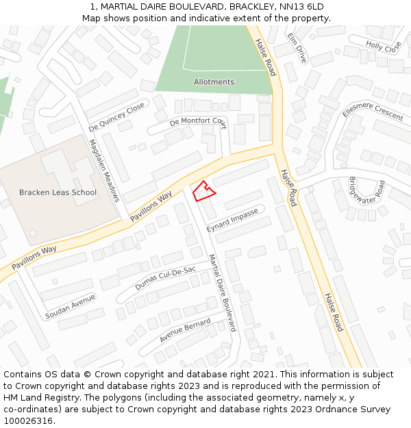 1, MARTIAL DAIRE BOULEVARD, BRACKLEY, NN13 6LD: Location map and indicative extent of plot