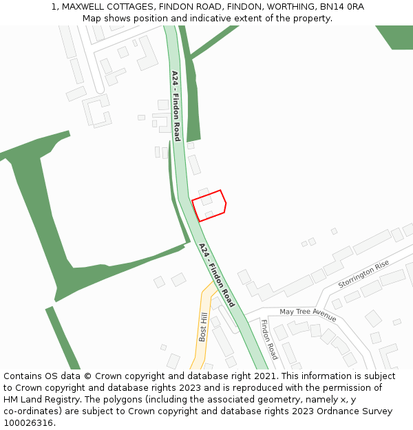 1, MAXWELL COTTAGES, FINDON ROAD, FINDON, WORTHING, BN14 0RA: Location map and indicative extent of plot