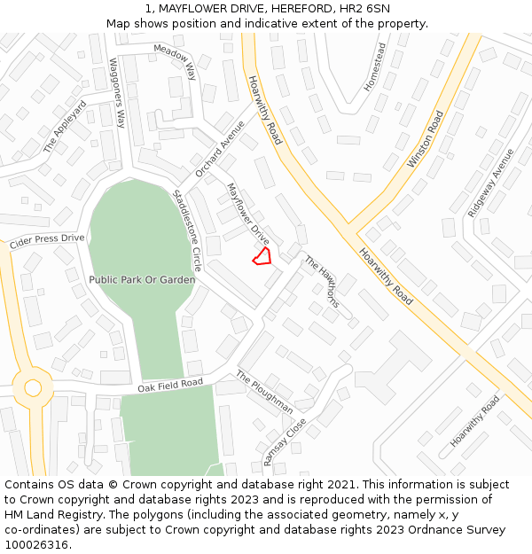 1, MAYFLOWER DRIVE, HEREFORD, HR2 6SN: Location map and indicative extent of plot