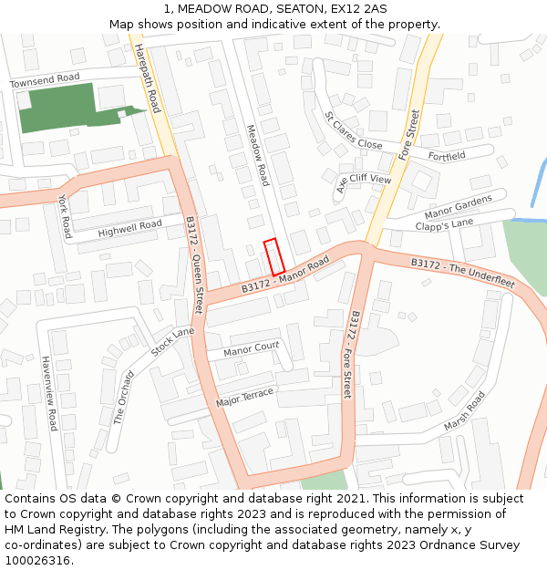 1, MEADOW ROAD, SEATON, EX12 2AS: Location map and indicative extent of plot