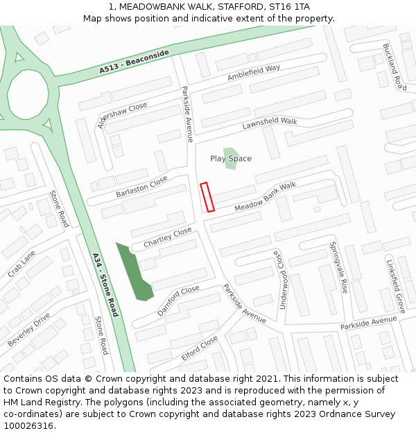 1, MEADOWBANK WALK, STAFFORD, ST16 1TA: Location map and indicative extent of plot