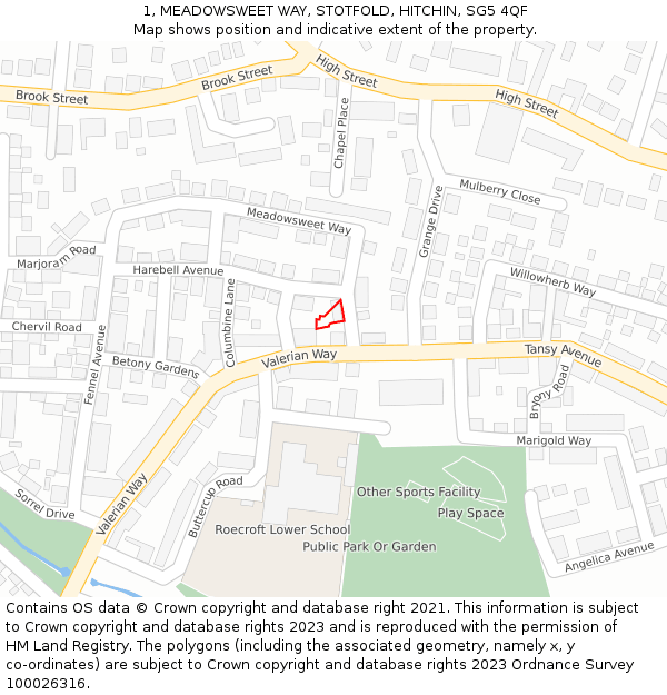 1, MEADOWSWEET WAY, STOTFOLD, HITCHIN, SG5 4QF: Location map and indicative extent of plot