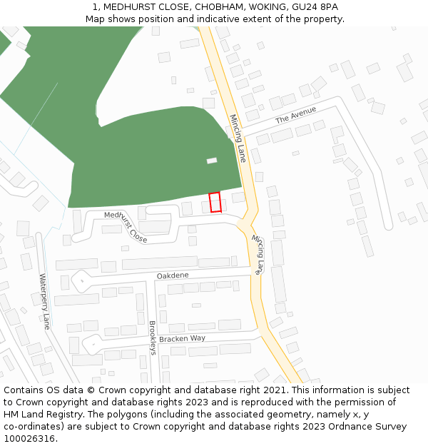 1, MEDHURST CLOSE, CHOBHAM, WOKING, GU24 8PA: Location map and indicative extent of plot