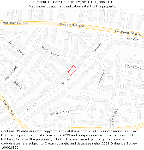 1, MEERHILL AVENUE, SHIRLEY, SOLIHULL, B90 4TU: Location map and indicative extent of plot