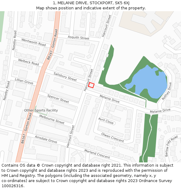 1, MELANIE DRIVE, STOCKPORT, SK5 6XJ: Location map and indicative extent of plot