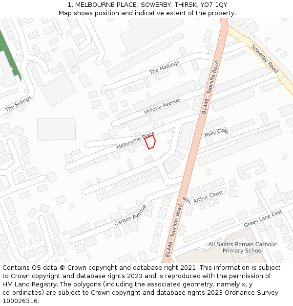 1, MELBOURNE PLACE, SOWERBY, THIRSK, YO7 1QY: Location map and indicative extent of plot
