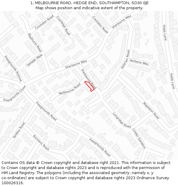 1, MELBOURNE ROAD, HEDGE END, SOUTHAMPTON, SO30 0JE: Location map and indicative extent of plot