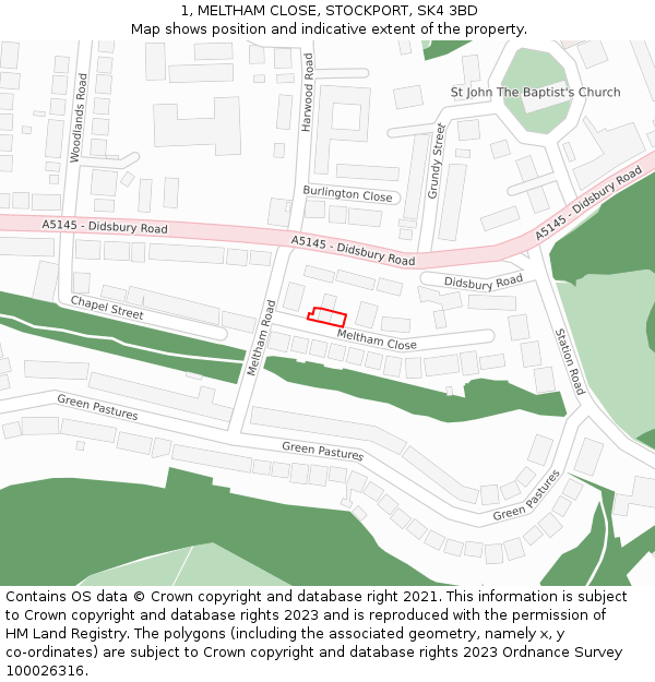 1, MELTHAM CLOSE, STOCKPORT, SK4 3BD: Location map and indicative extent of plot