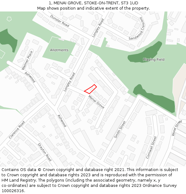 1, MENAI GROVE, STOKE-ON-TRENT, ST3 1UD: Location map and indicative extent of plot
