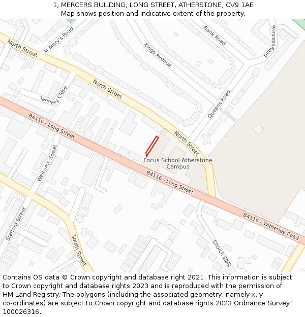 1, MERCERS BUILDING, LONG STREET, ATHERSTONE, CV9 1AE: Location map and indicative extent of plot