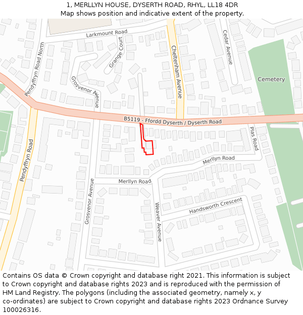 1, MERLLYN HOUSE, DYSERTH ROAD, RHYL, LL18 4DR: Location map and indicative extent of plot