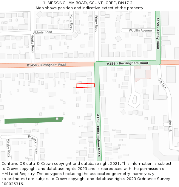 1, MESSINGHAM ROAD, SCUNTHORPE, DN17 2LL: Location map and indicative extent of plot