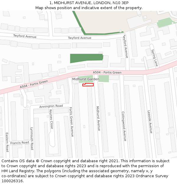 1, MIDHURST AVENUE, LONDON, N10 3EP: Location map and indicative extent of plot