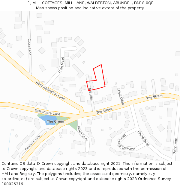 1, MILL COTTAGES, MILL LANE, WALBERTON, ARUNDEL, BN18 0QE: Location map and indicative extent of plot