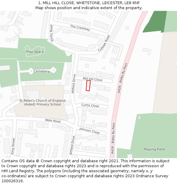 1, MILL HILL CLOSE, WHETSTONE, LEICESTER, LE8 6NF: Location map and indicative extent of plot