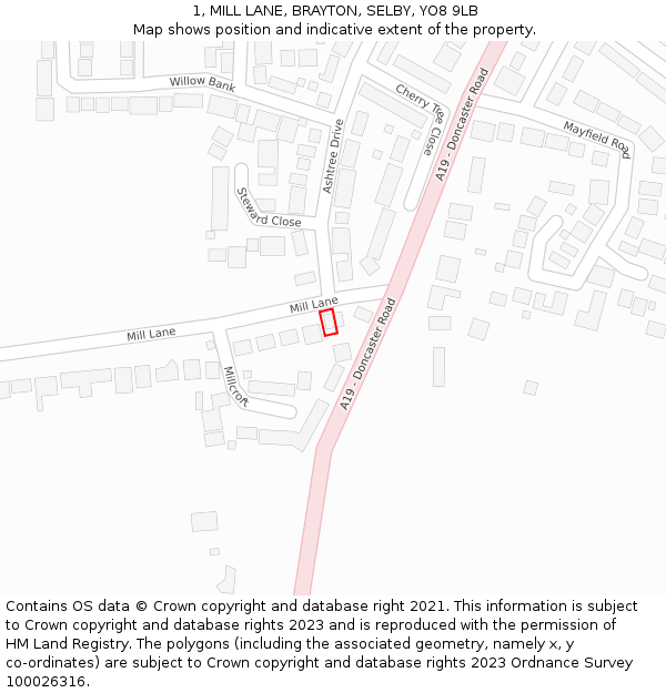 1, MILL LANE, BRAYTON, SELBY, YO8 9LB: Location map and indicative extent of plot