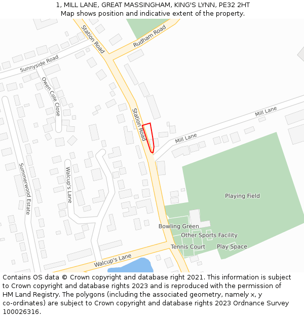 1, MILL LANE, GREAT MASSINGHAM, KING'S LYNN, PE32 2HT: Location map and indicative extent of plot