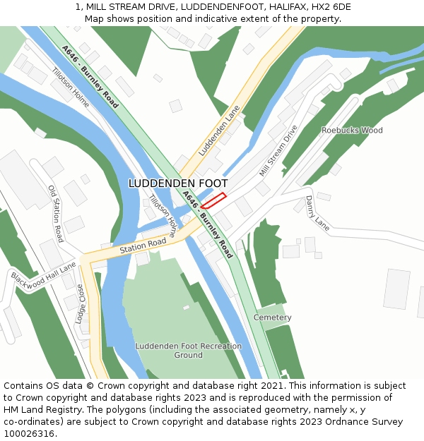 1, MILL STREAM DRIVE, LUDDENDENFOOT, HALIFAX, HX2 6DE: Location map and indicative extent of plot