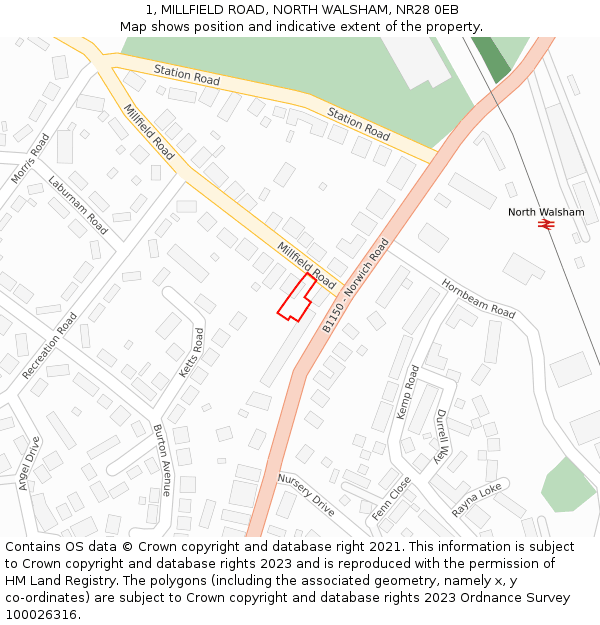 1, MILLFIELD ROAD, NORTH WALSHAM, NR28 0EB: Location map and indicative extent of plot