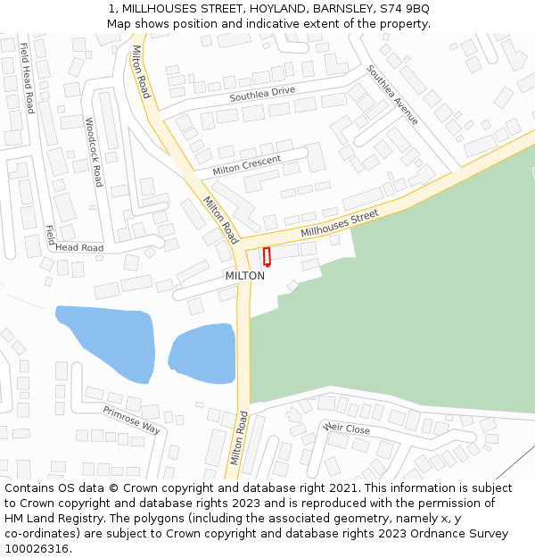 1, MILLHOUSES STREET, HOYLAND, BARNSLEY, S74 9BQ: Location map and indicative extent of plot