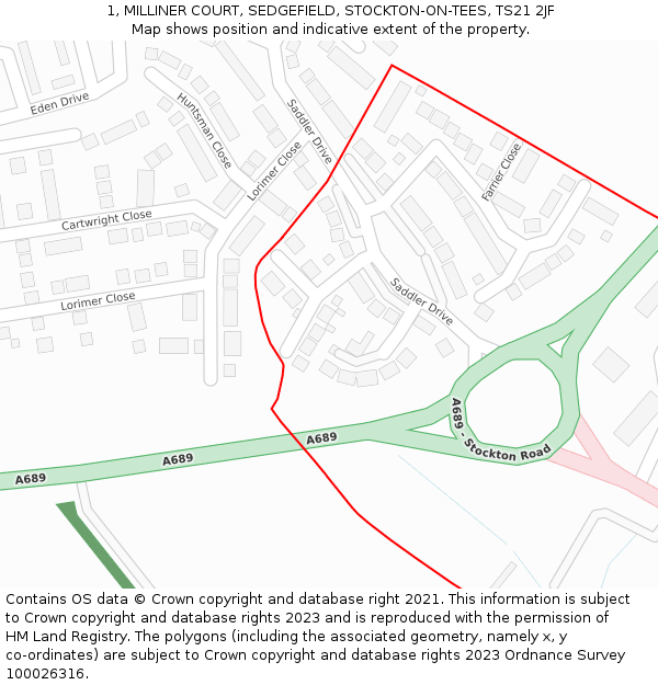 1, MILLINER COURT, SEDGEFIELD, STOCKTON-ON-TEES, TS21 2JF: Location map and indicative extent of plot