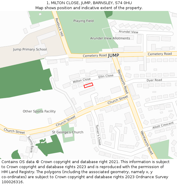 1, MILTON CLOSE, JUMP, BARNSLEY, S74 0HU: Location map and indicative extent of plot