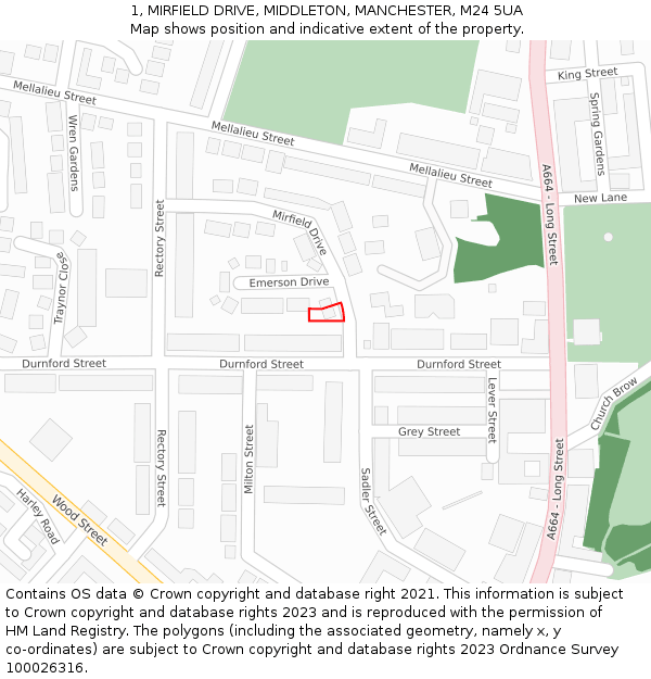 1, MIRFIELD DRIVE, MIDDLETON, MANCHESTER, M24 5UA: Location map and indicative extent of plot