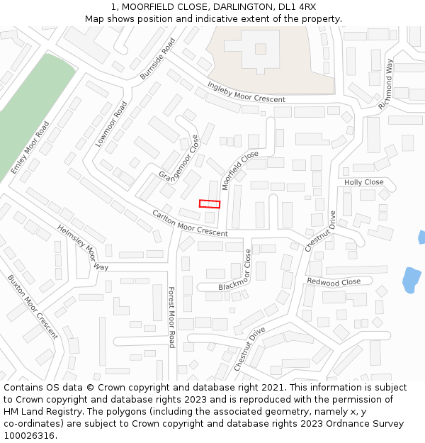 1, MOORFIELD CLOSE, DARLINGTON, DL1 4RX: Location map and indicative extent of plot